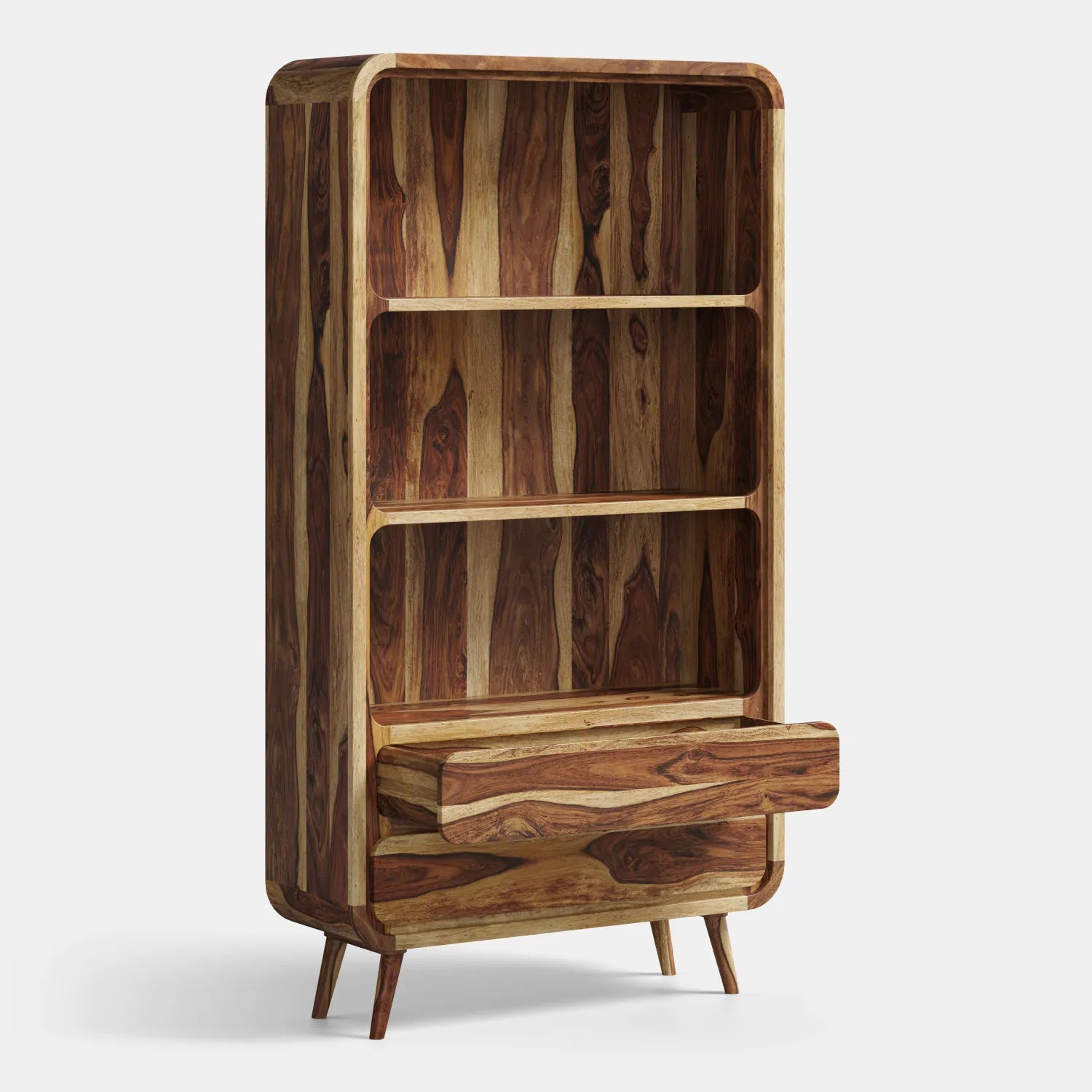 Drewniany regał z półkami i szufladami w stylu retro — lite drewno palisander sheesham