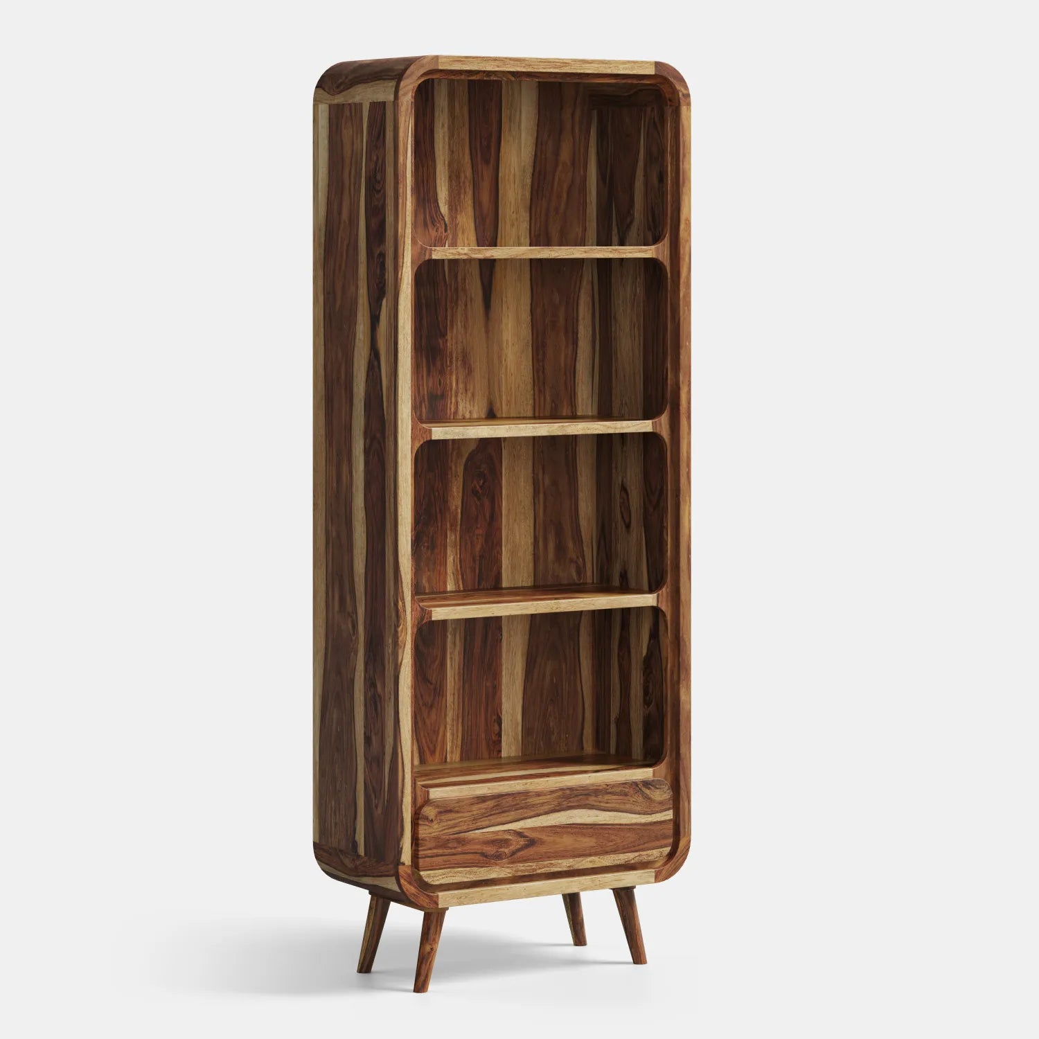 Drewniany regał z asymetrycznymi półkami w stylu retro — lite drewno palisander sheesham