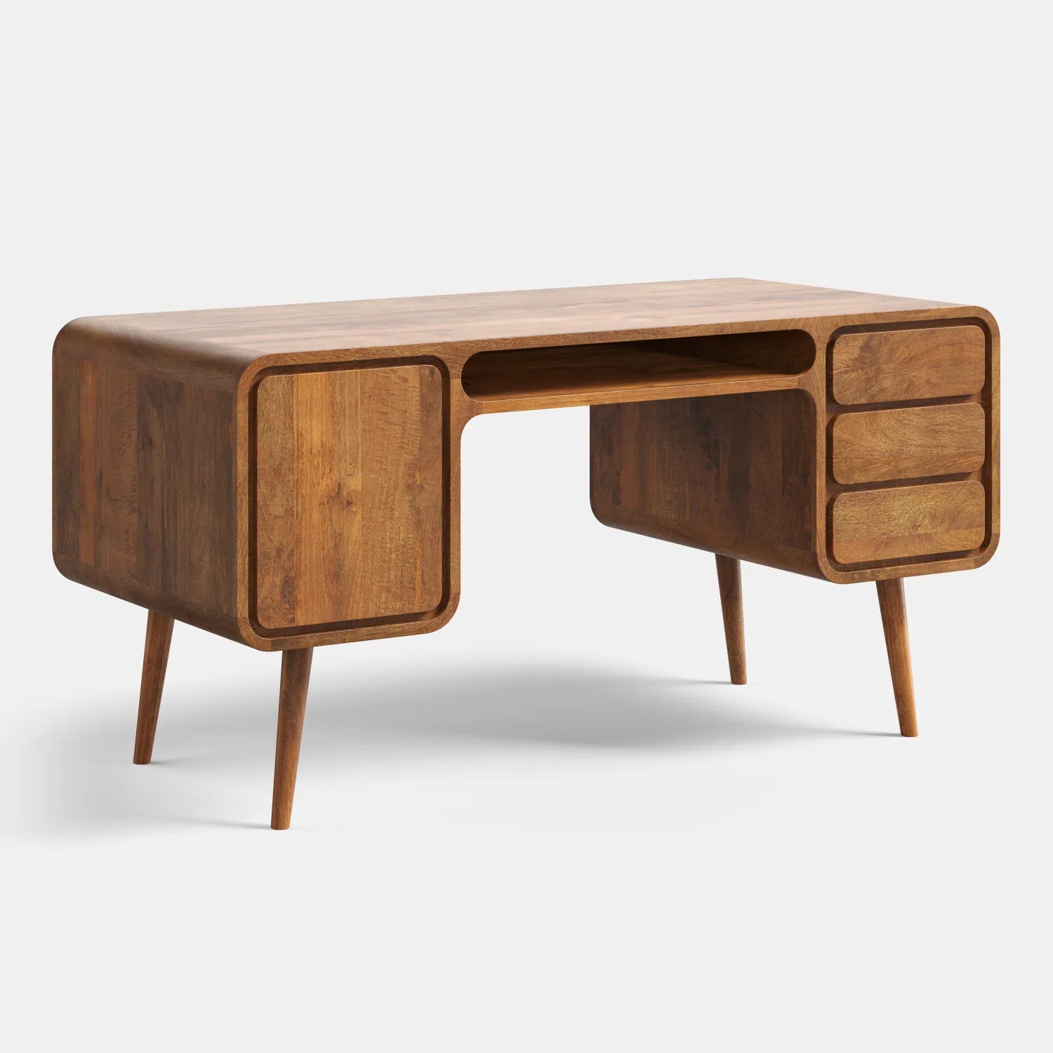 Drewniane biurko z szafką, szufladami i wnęką na klawiaturę — lite drewno mango w stylu mid-century