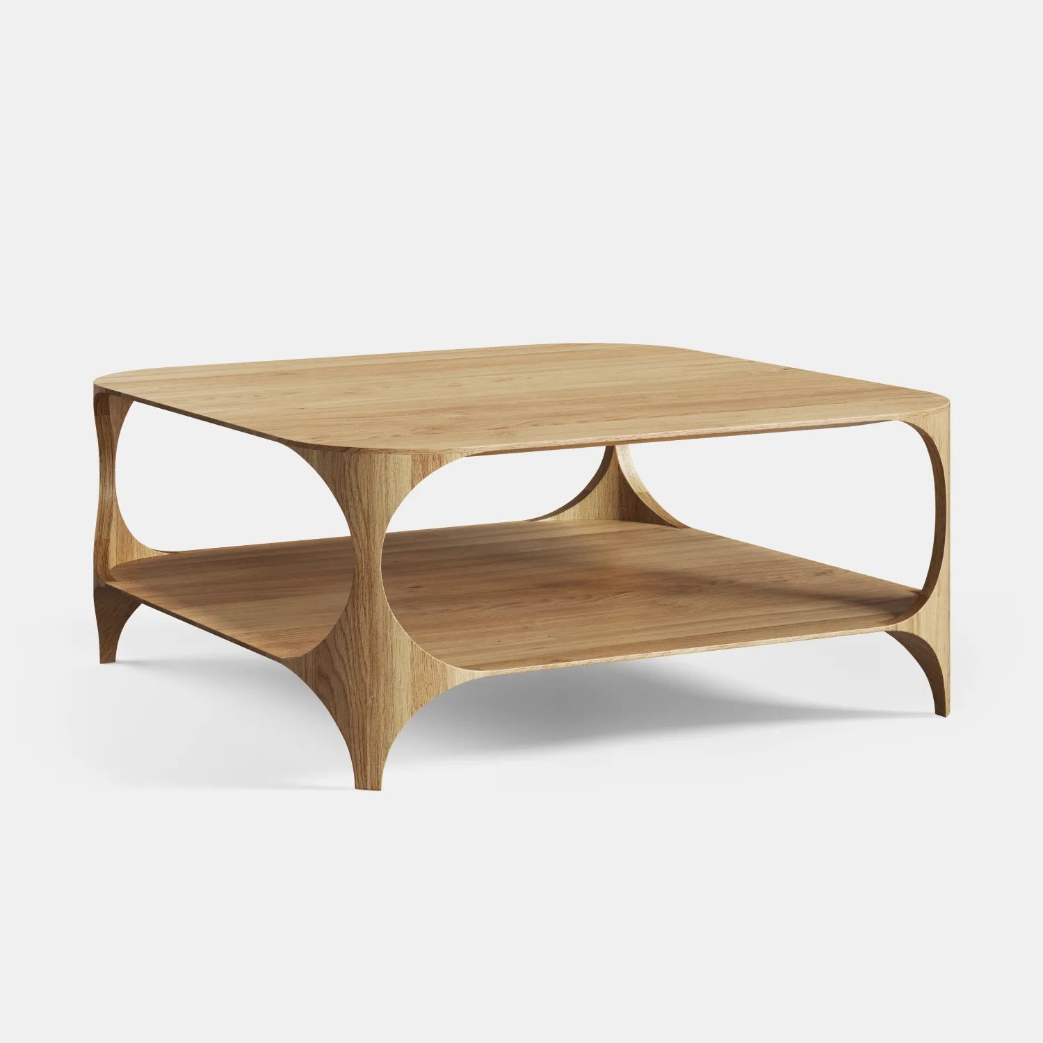 Drewniany kwadratowy stolik kawowy z rzeźbiarską ramą i dolną półką — lite drewno dębowe w stylu modern classic