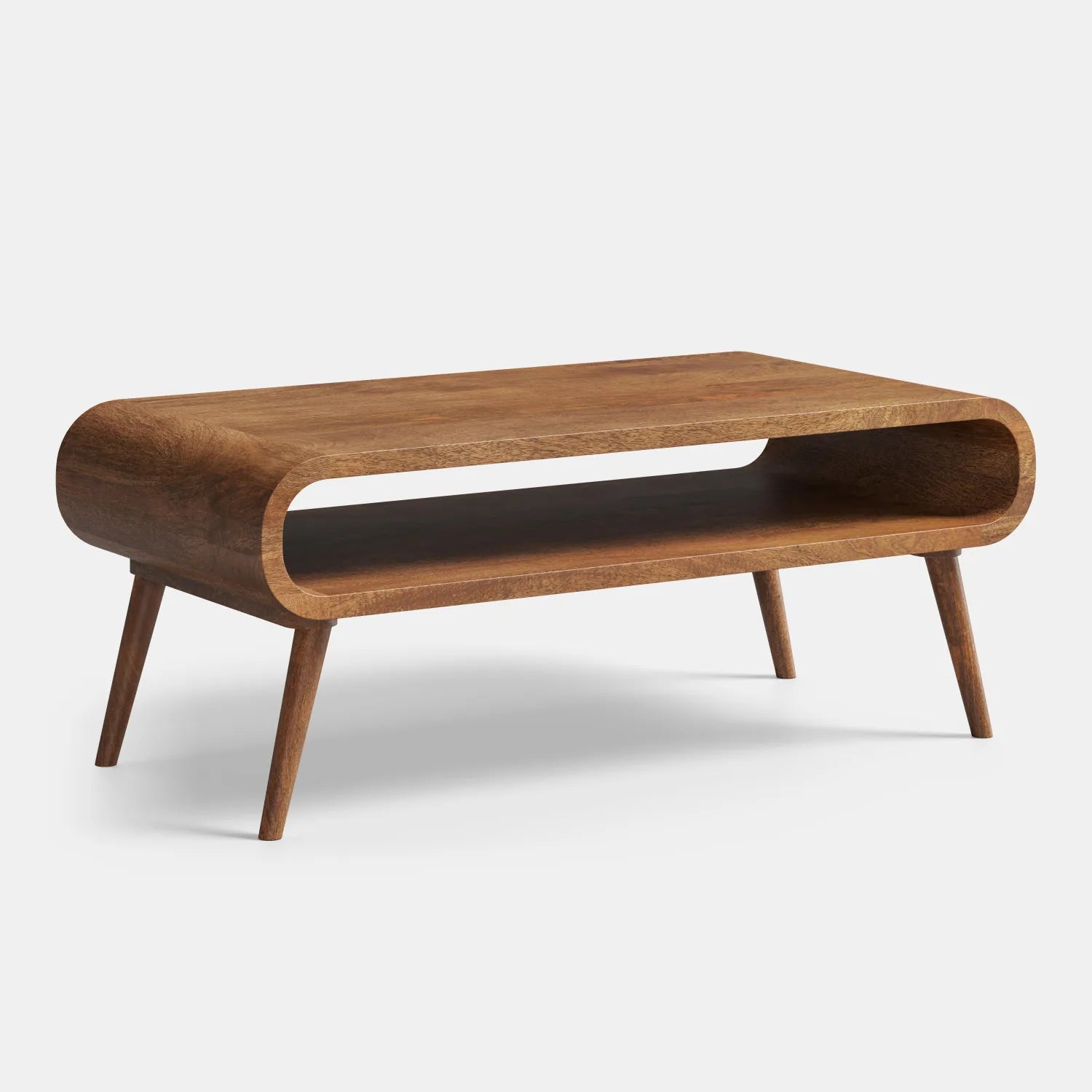 Drewniany stolik kawowy z zaokrągloną ramą i otwartą wnęką — lite drewno w stylu mid-century