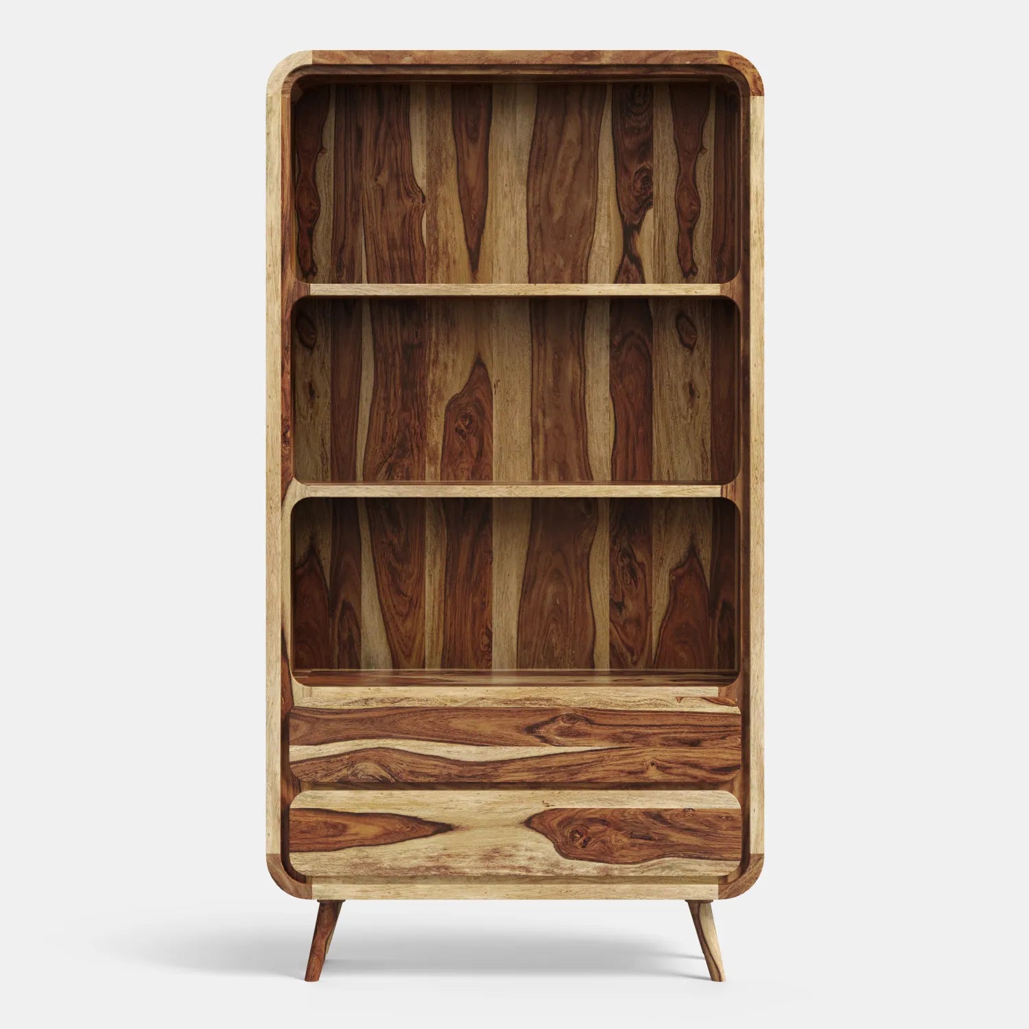 Drewniany regał z półkami i szufladami w stylu retro — lite drewno palisander sheesham