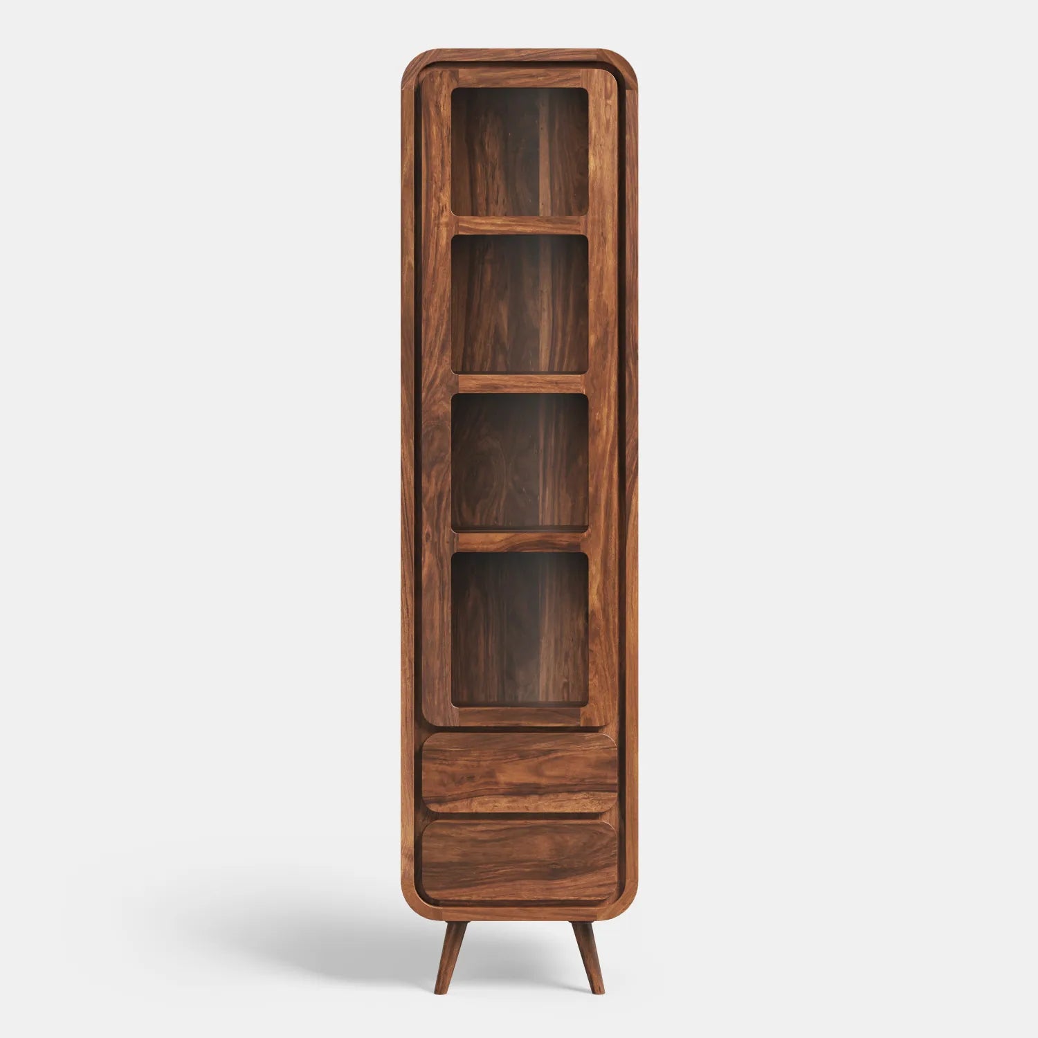 Smukły drewniany regał-witryna z półkami i szufladami w stylu retro — lite drewno palisander sheesham