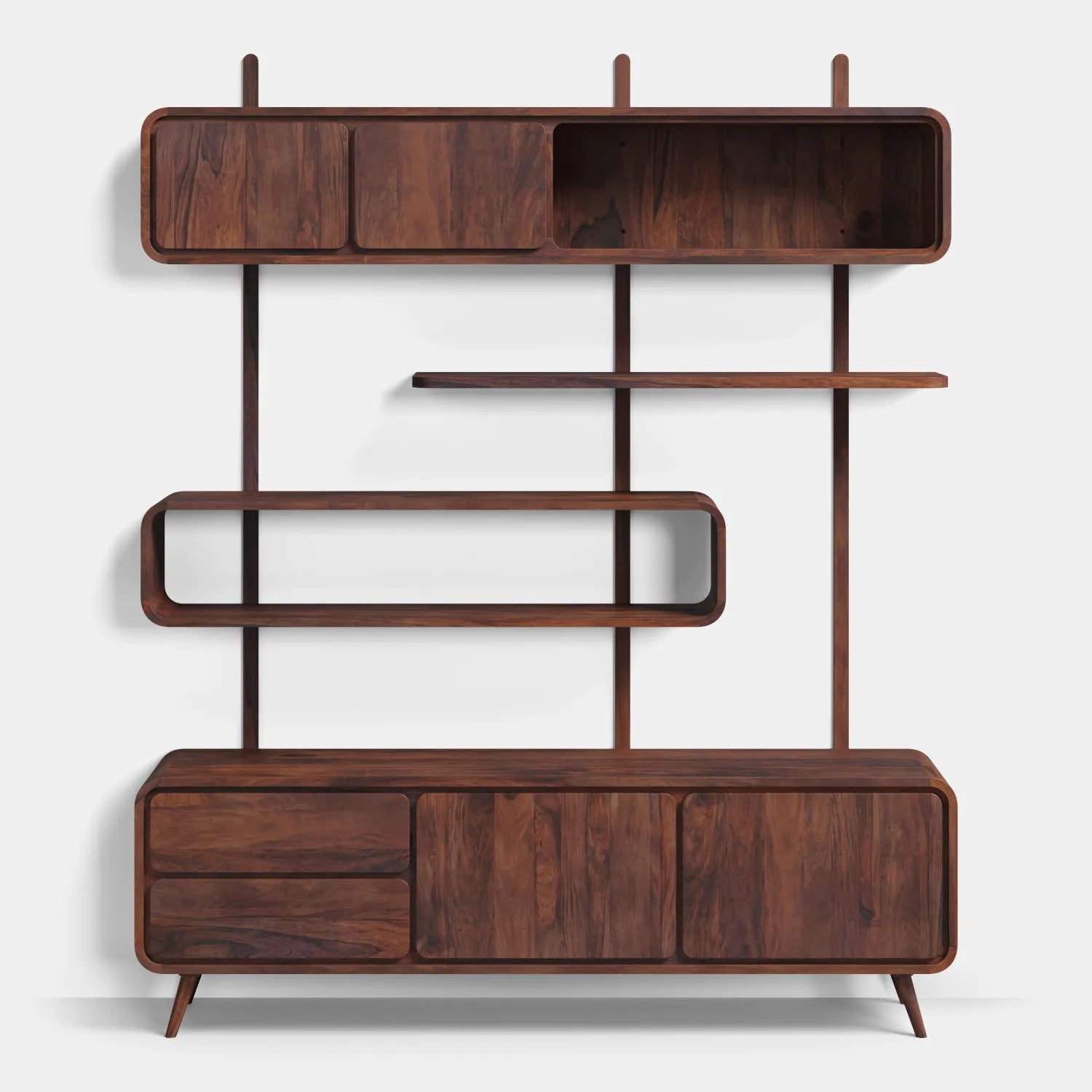 Drewniana ścianka modułowa w stylu mid-century — komoda, regał i półki w jednym