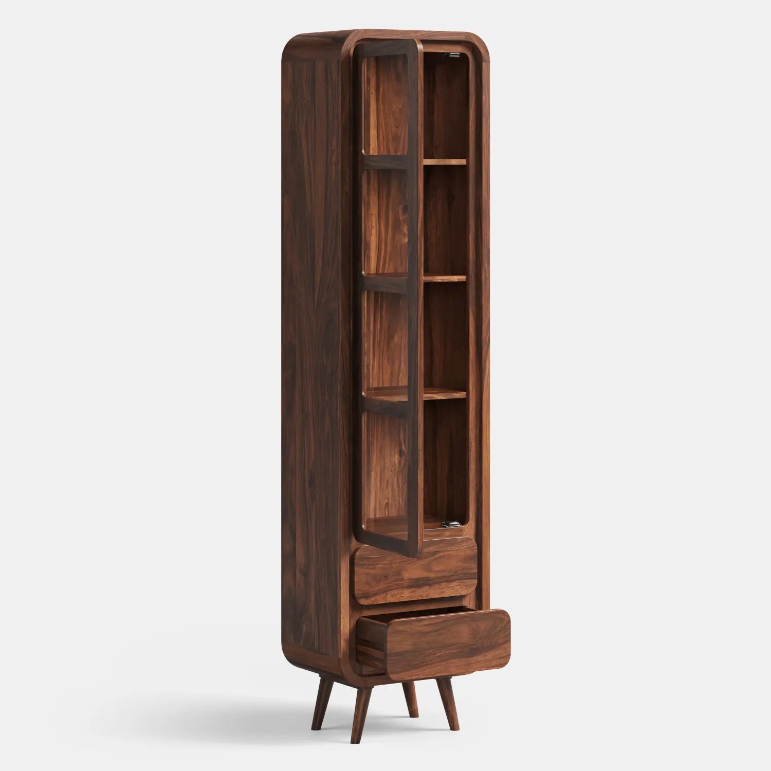 Smukły drewniany regał-witryna z półkami i szufladami w stylu retro — lite drewno palisander sheesham