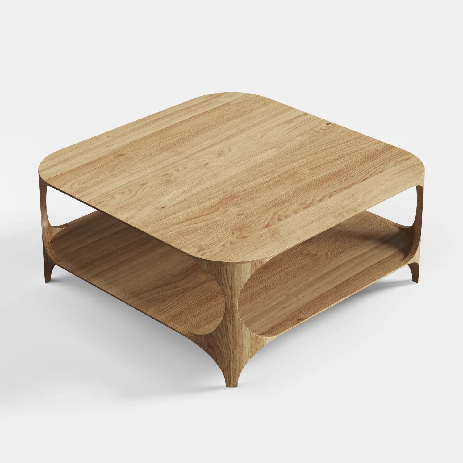 Drewniany kwadratowy stolik kawowy z rzeźbiarską ramą i dolną półką — lite drewno dębowe w stylu modern classic