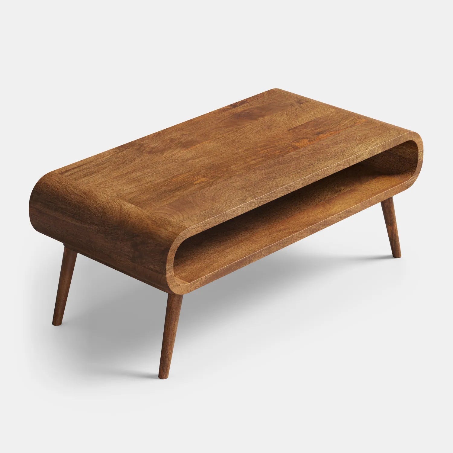 Drewniany stolik kawowy z zaokrągloną ramą i otwartą wnęką — lite drewno w stylu mid-century