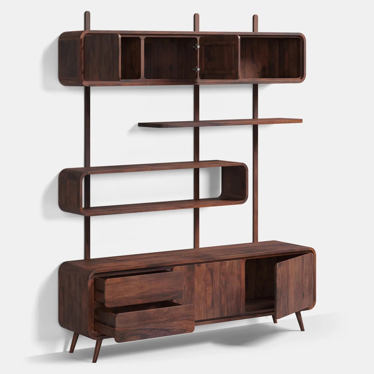 Drewniana ścianka modułowa w stylu mid-century — komoda, regał i półki w jednym