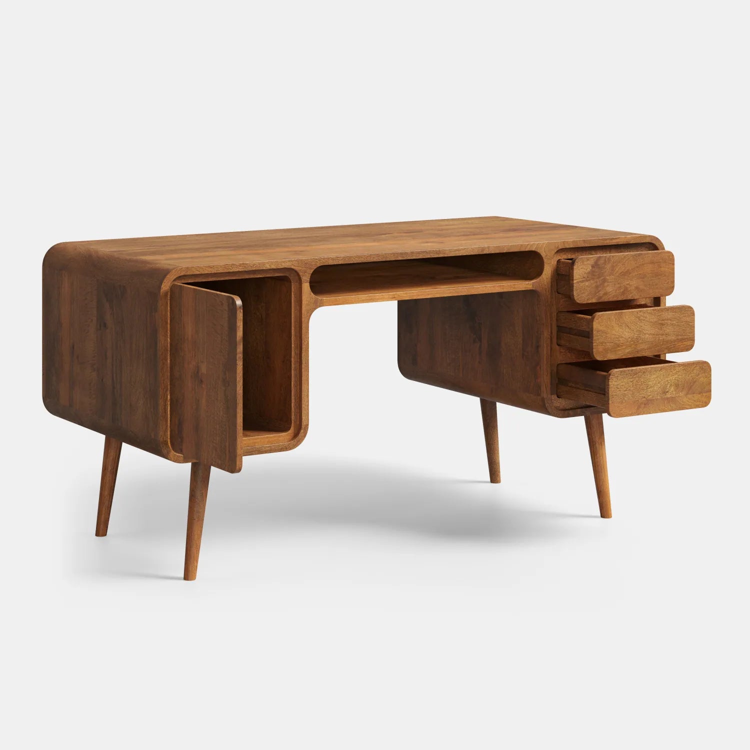 Drewniane biurko z szafką, szufladami i wnęką na klawiaturę — lite drewno mango w stylu mid-century